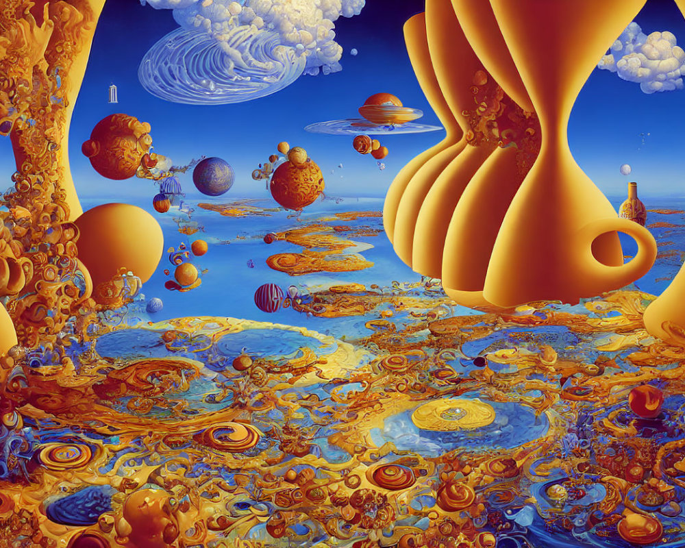 Vibrant surreal landscape with golden arches, planets, and swirling clouds