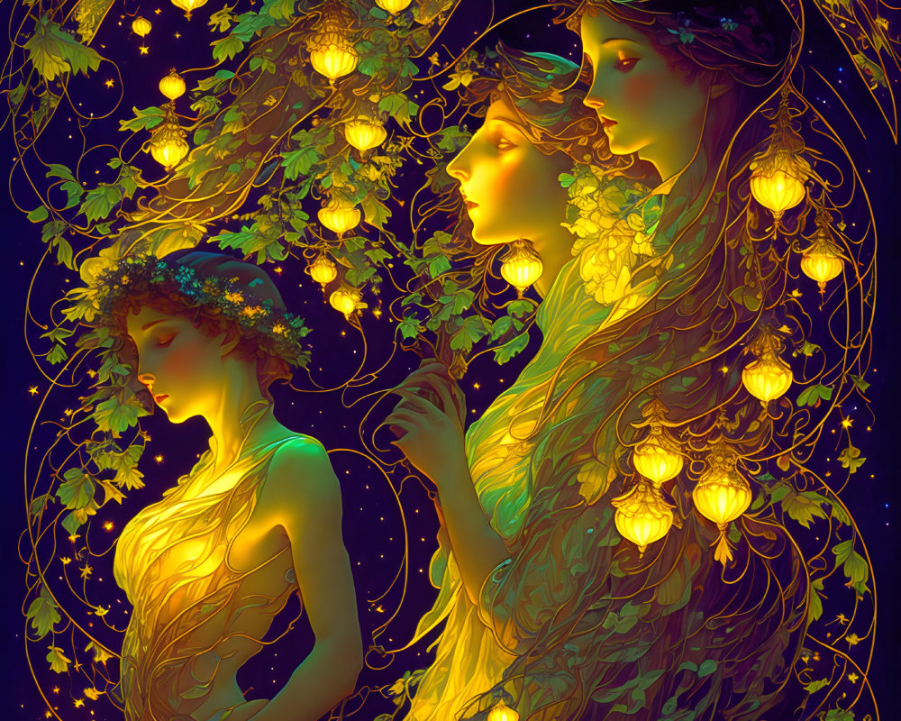 Ethereal women with glowing lanterns in hair, surrounded by vines on starry night.