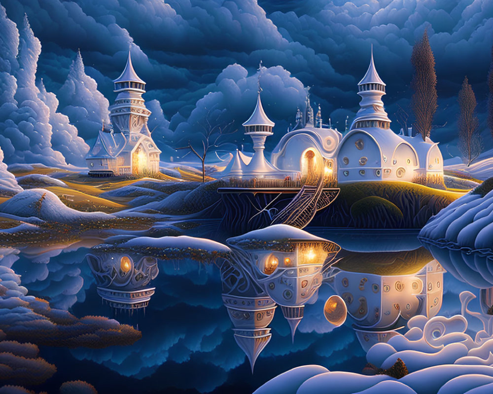 Fantasy castle with spires, reflecting on serene lake under night sky.