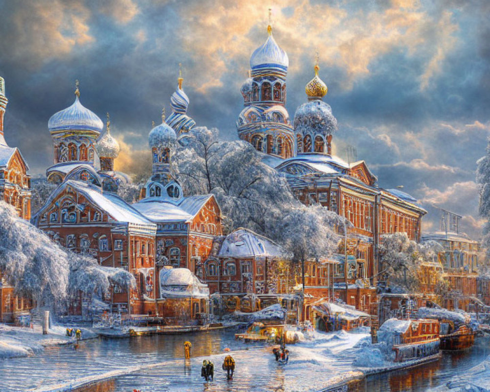 Snowy landscape with ornate cathedral and golden domes, people walking, snow-covered trees, dramatic