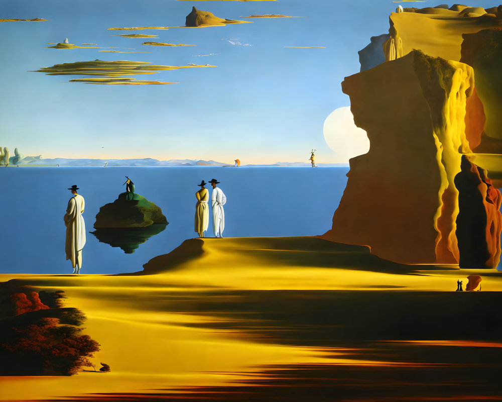 Surrealist painting: elongated shadows, robed figures, disjointed rock formations, golden sky