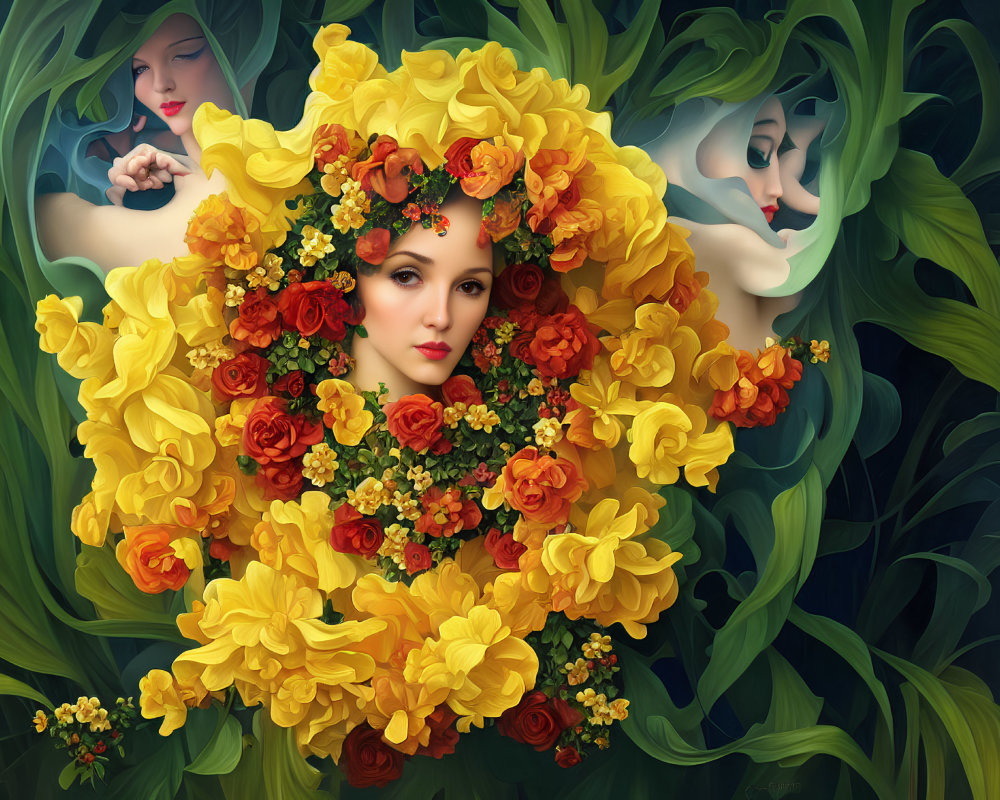 Vibrant portrait of a woman with yellow and orange flowers and hidden faces