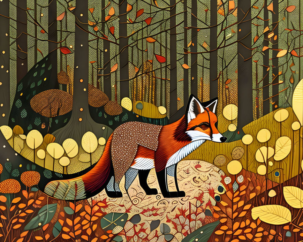 Vibrant autumn forest illustration with stylized fox