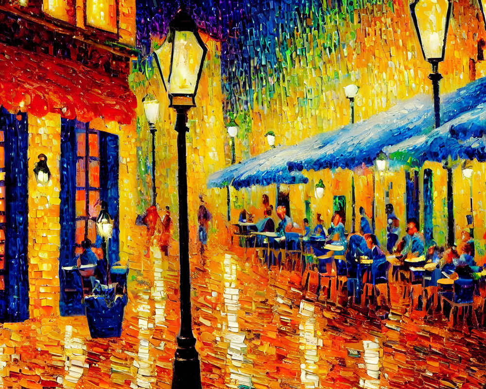 Impressionistic painting of a vibrant night street scene