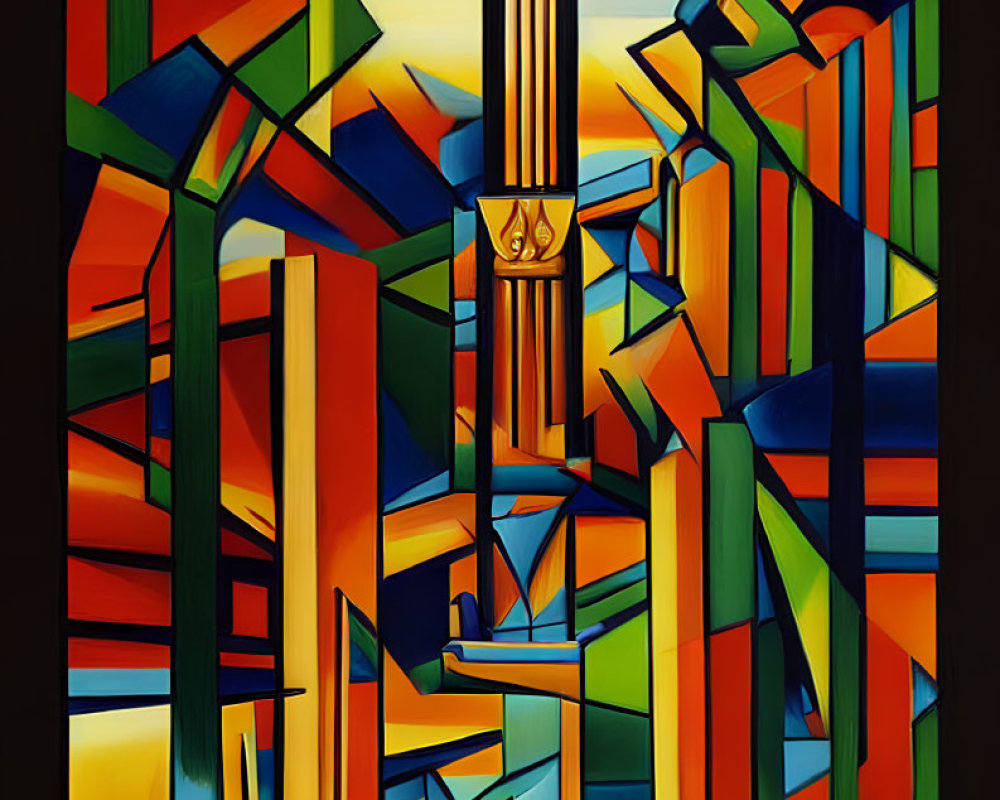 Abstract Geometric Shapes in Warm Tones Stained Glass Window