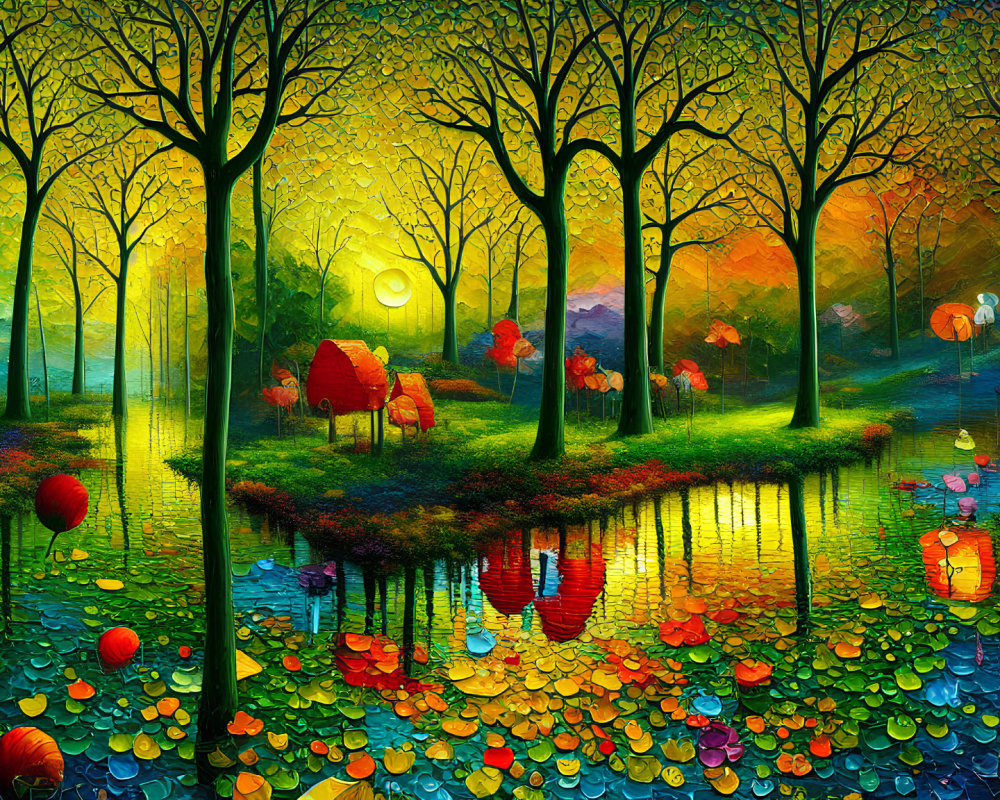 Colorful Fantastical Forest Painting with Reflective River & Glowing Trees