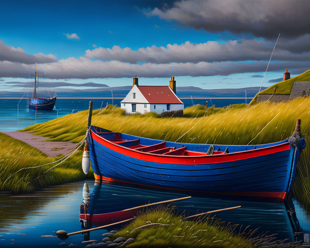 Scenic red boat on calm river with white house and ship in lush landscape