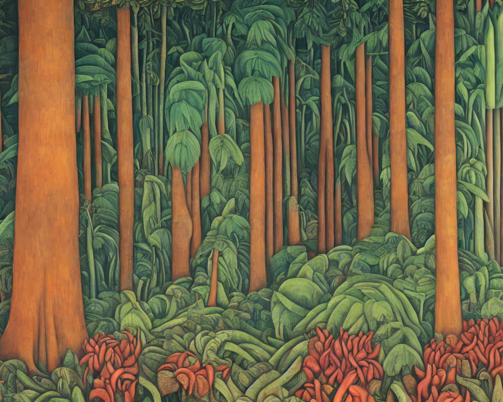 Lush Jungle Scene with Towering Trees and Red Plants