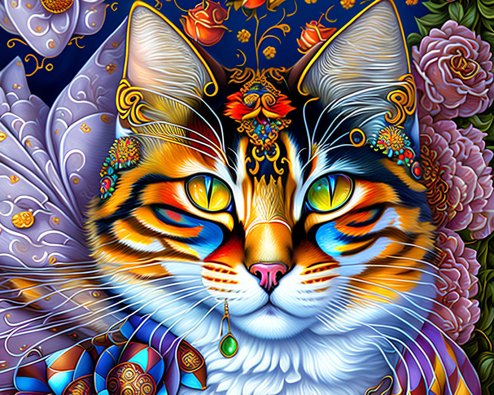 Vibrant Cat with Butterfly Wings and Floral Patterns