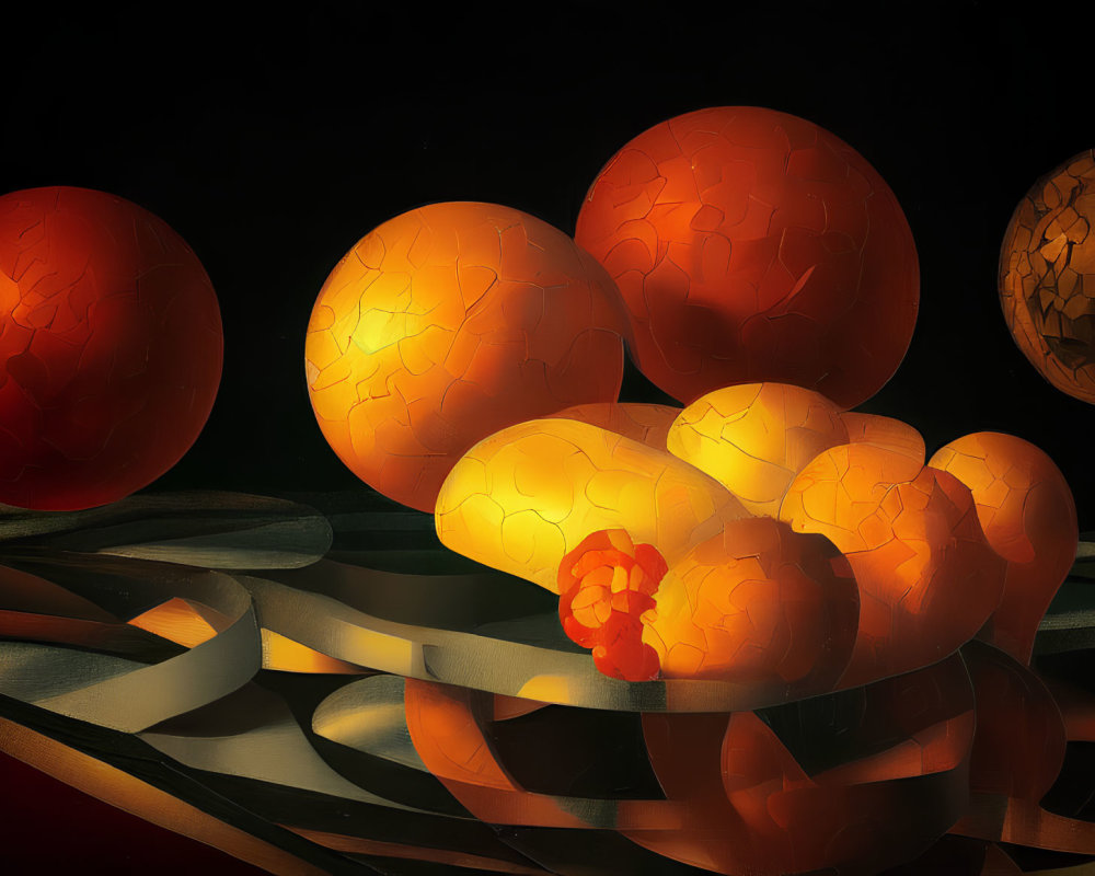 Cracked orange orbs on reflective surface with swirling grey ribbon