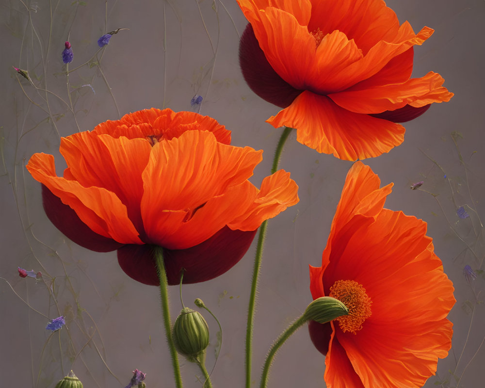 Colorful Poppy and Blue Flower Art Print on Grey Background