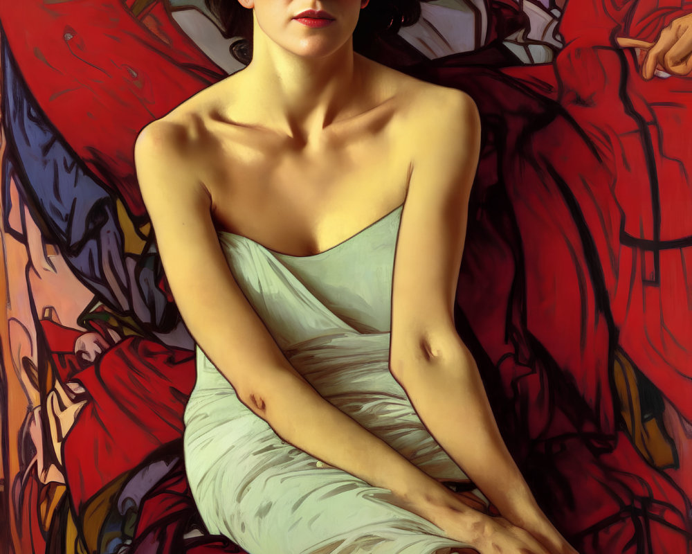 Serene woman in light dress surrounded by vivid abstract forms