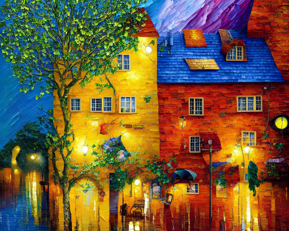 Vibrant impressionistic rainy street scene at night