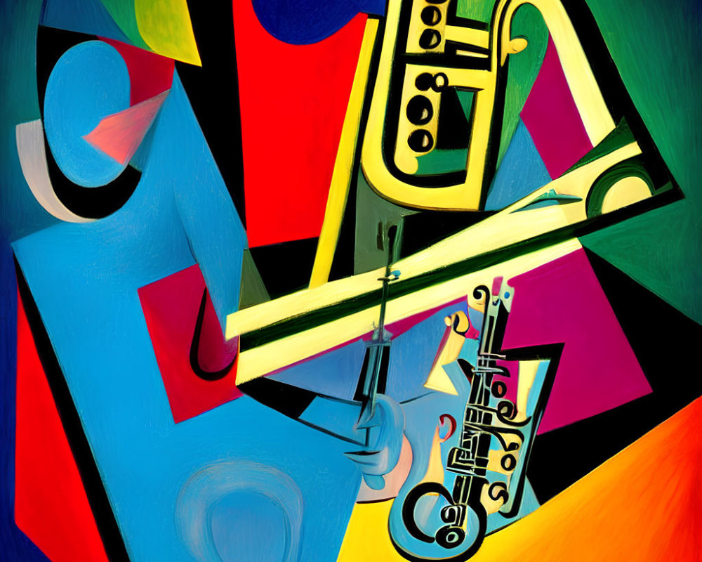 Vibrant Abstract Painting with Musical Instruments and Geometric Shapes