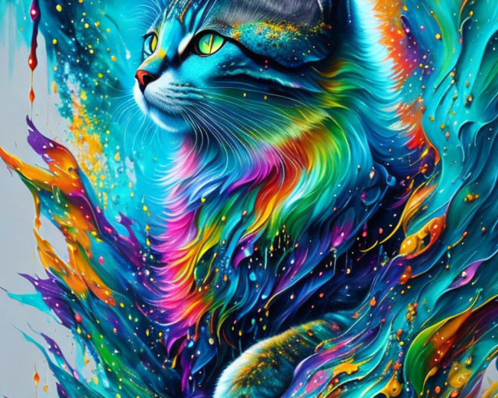Colorful Psychedelic Cat Art with Neon Hues & Melting Effect