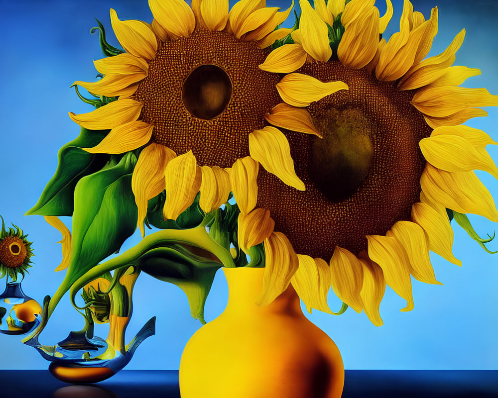 Surrealistic painting of oversized sunflowers and fish on blue gradient.