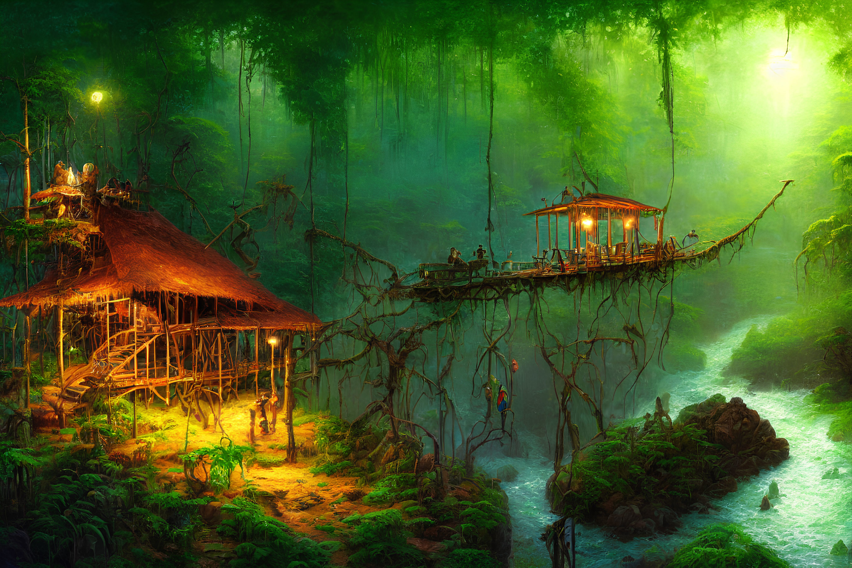 Mystical treehouse village in enchanting forest landscape