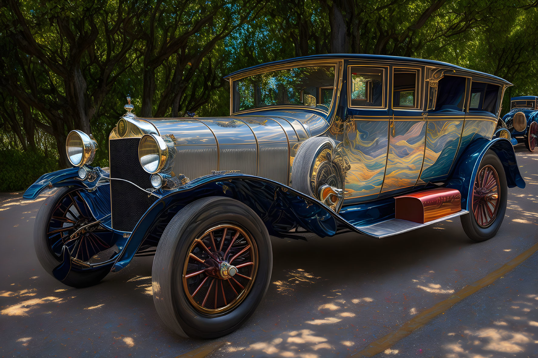 Classic Vintage Car with Silver and Blue Paint Job and Spoked Wheels in Natural Setting