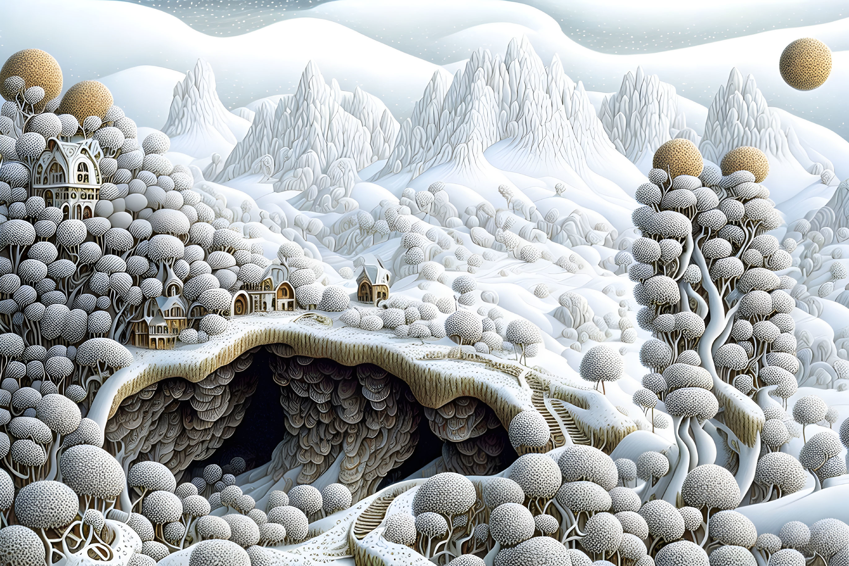 Whimsical winter landscape with surreal foliage and cozy houses nestled in hills