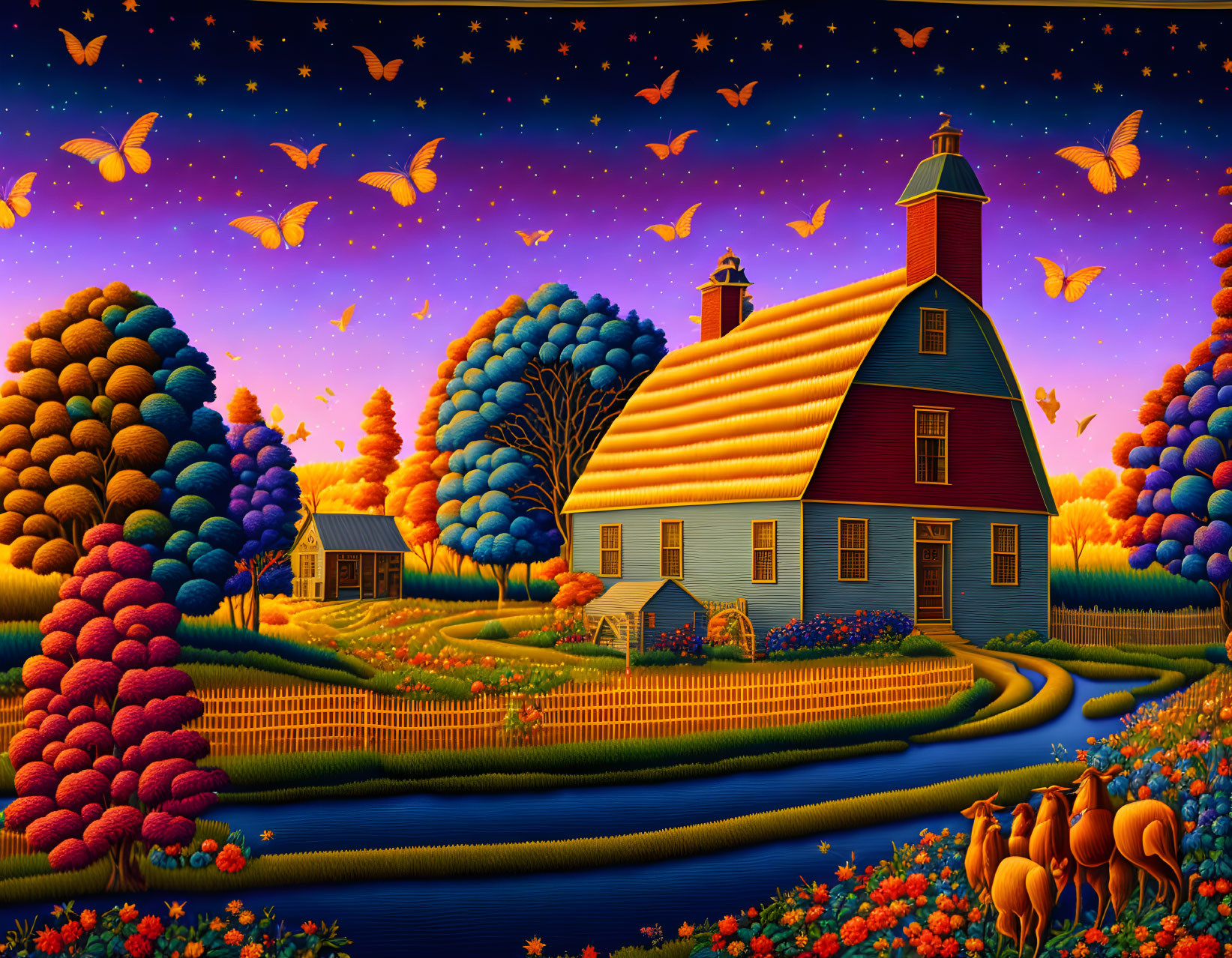 Colorful Stylized Artwork of Rural Scene with Red House and Deer