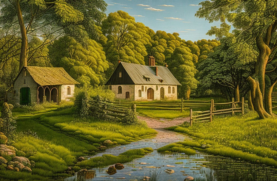 Tranquil pond with rustic cottages and lush trees