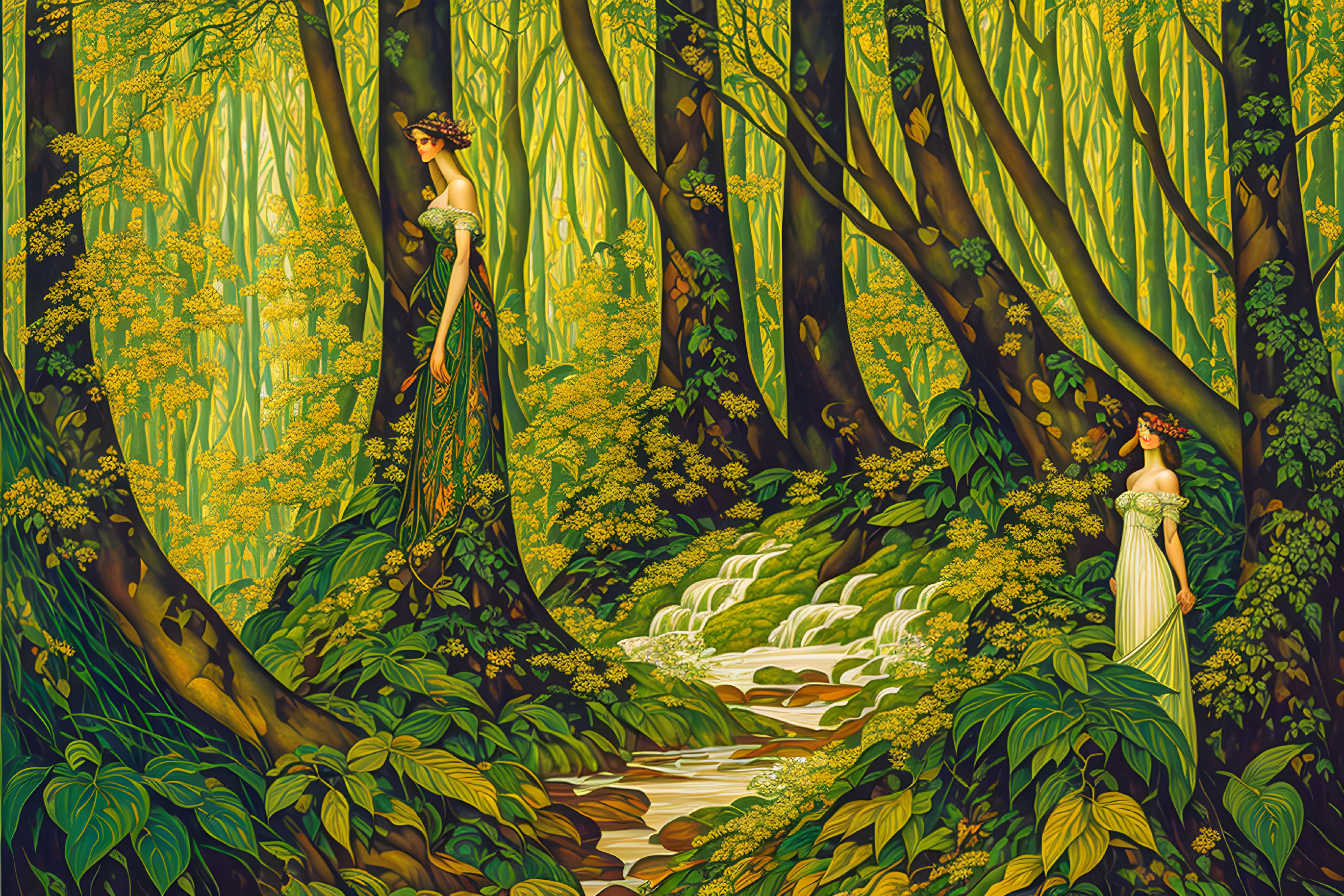 Two women in white gowns in lush forest with stream