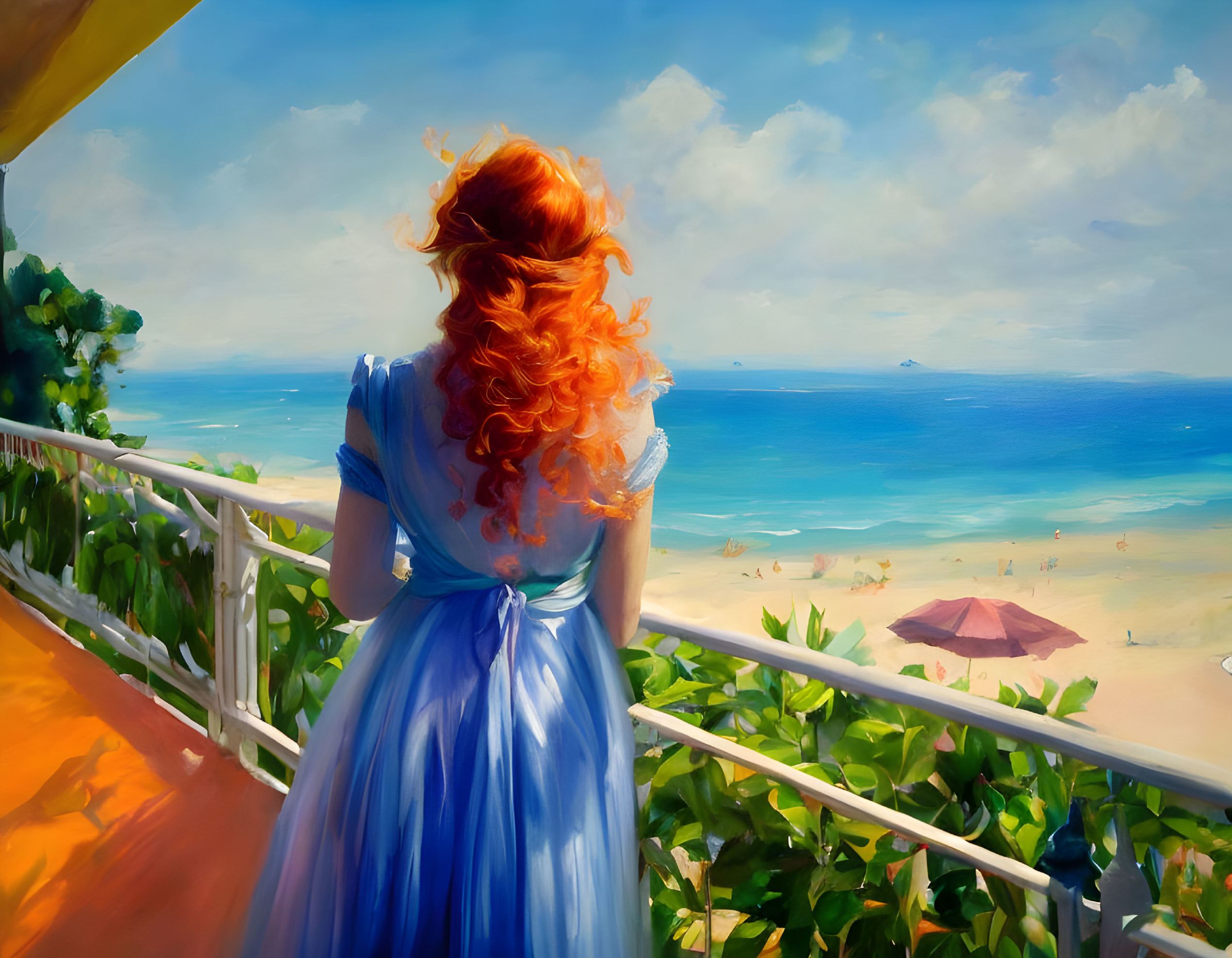 Red-haired woman in blue dress on balcony overlooking sunny beach, sea, umbrellas, and greenery