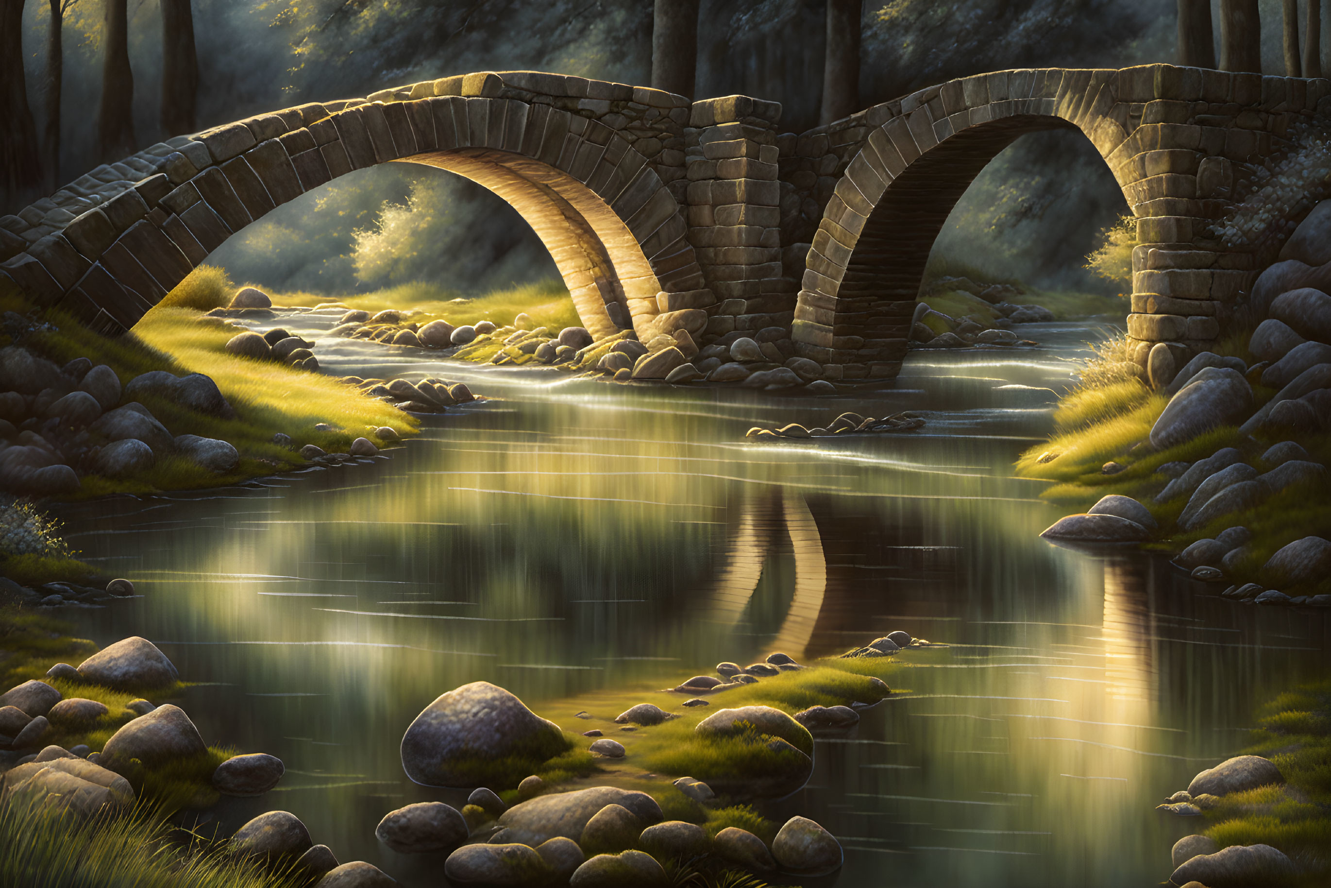 Tranquil stone arch bridge over lush stream in sunlight