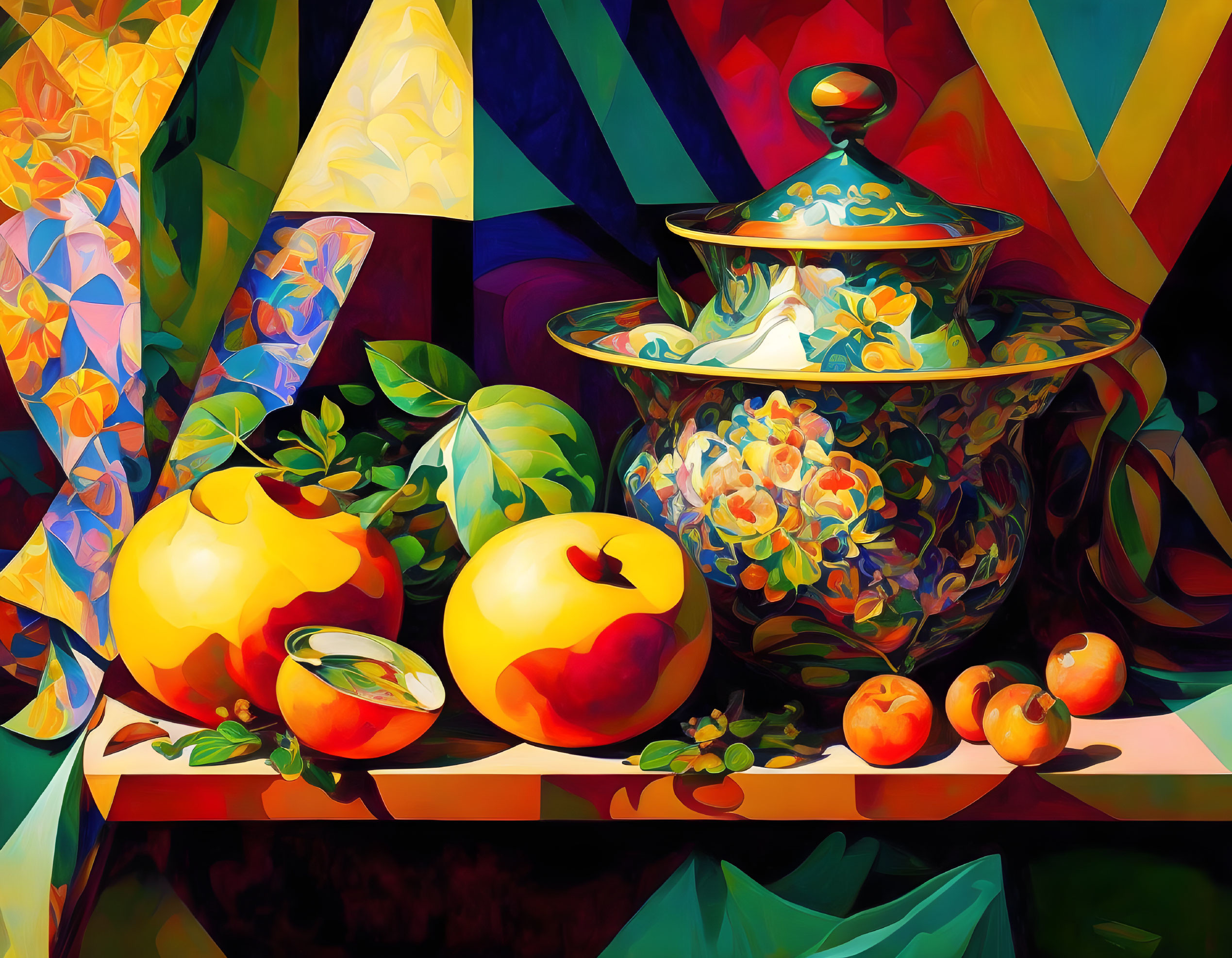 Colorful still-life painting with fruit and patterned bowl on geometric background