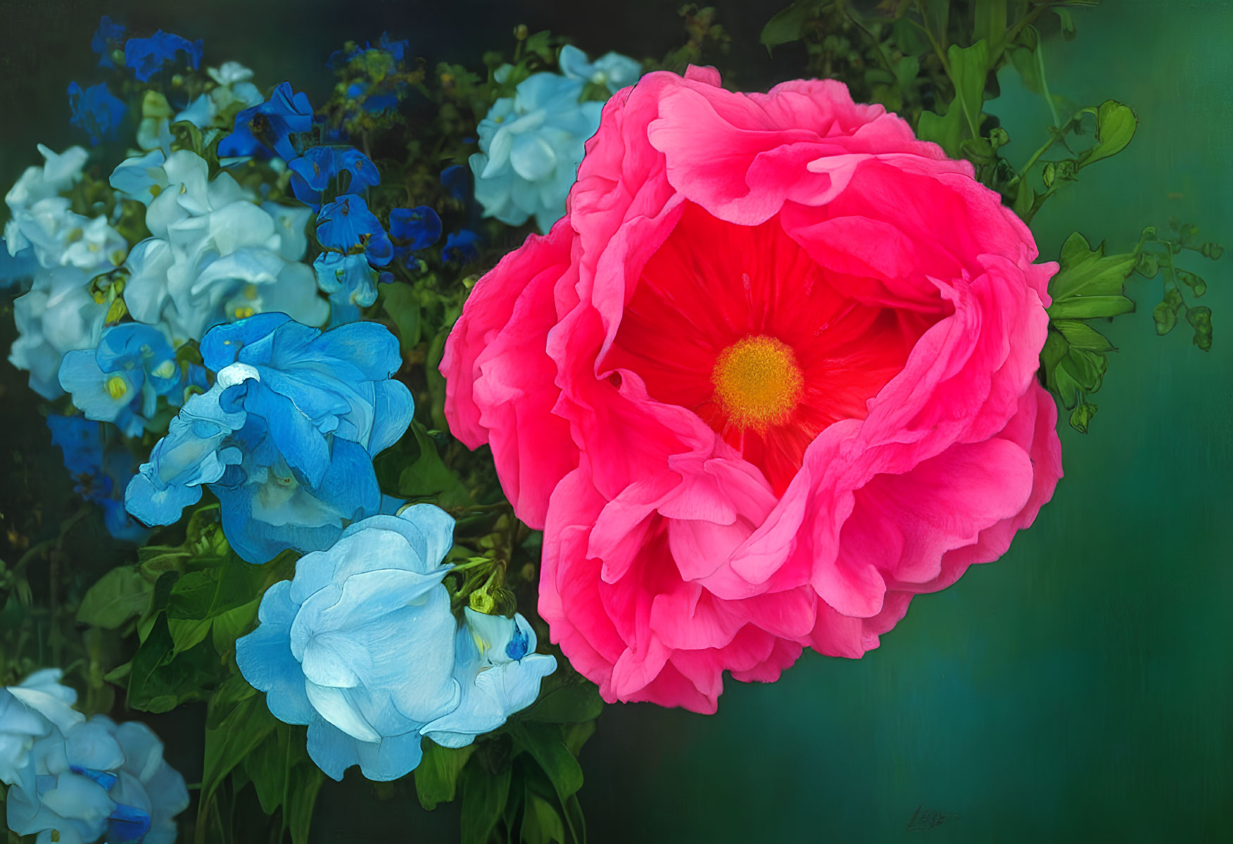 Vibrant Pink Flower Among Blue and White Blooms on Green Background