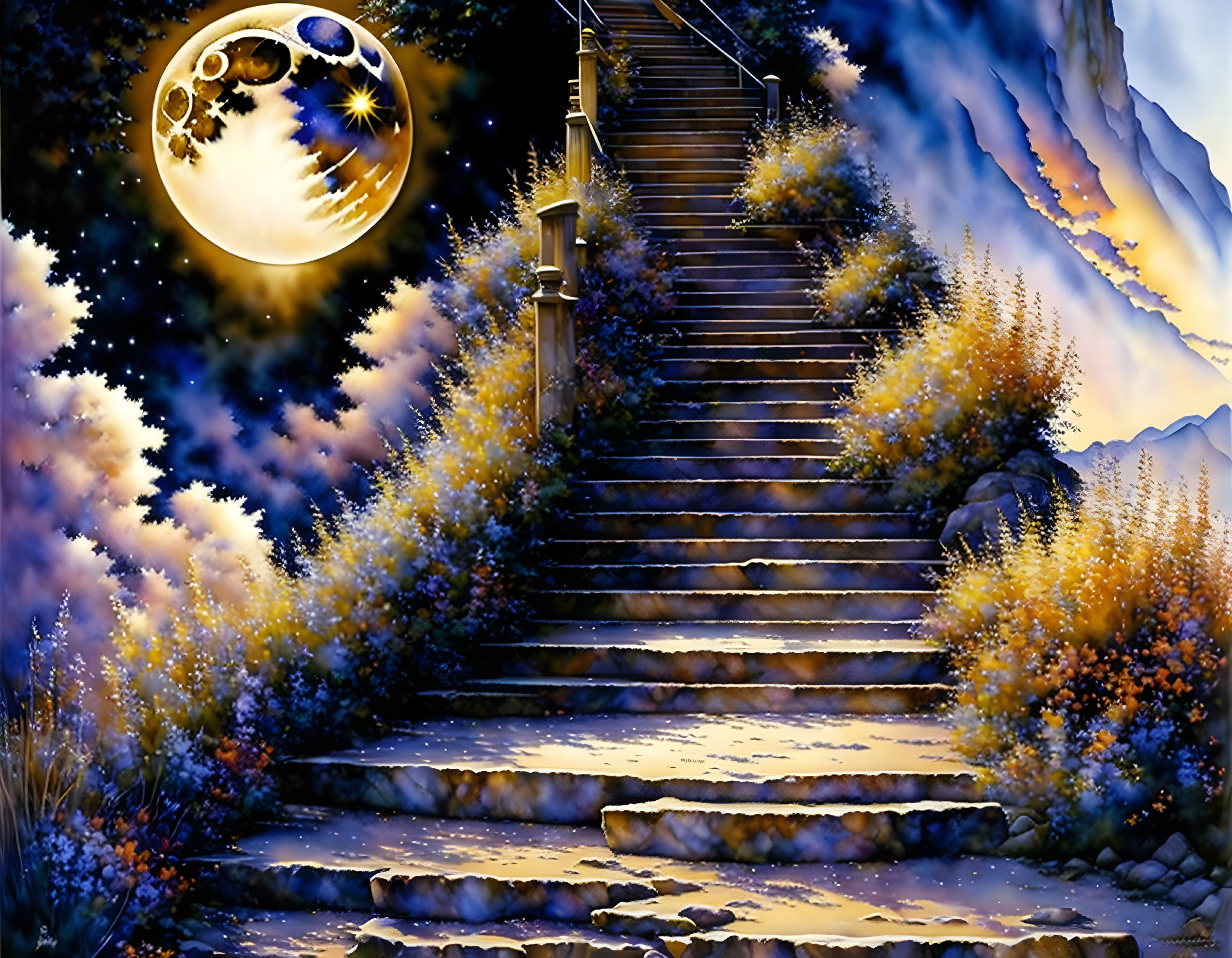 Mystical staircase surrounded by purple flowers under a starry night with full moon and cosmic reflections