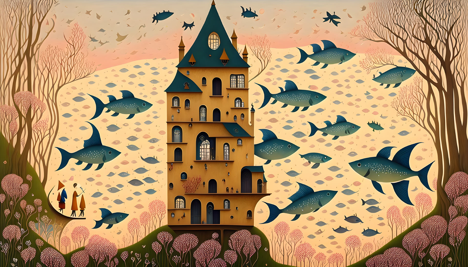 Whimsical tall castle with flying fish and two figures in autumn forest