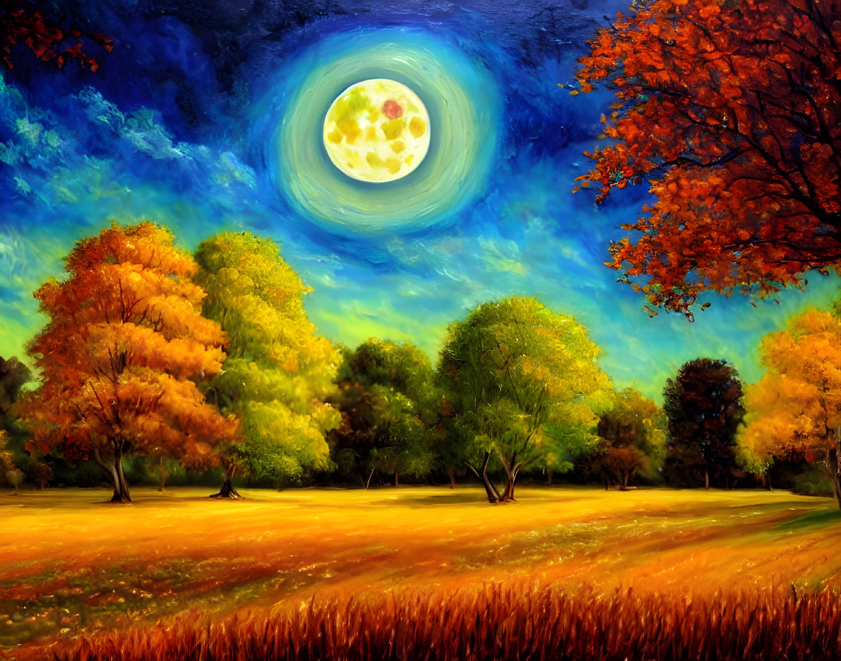 Colorful Autumn Landscape with Glowing Moon and Starry Sky