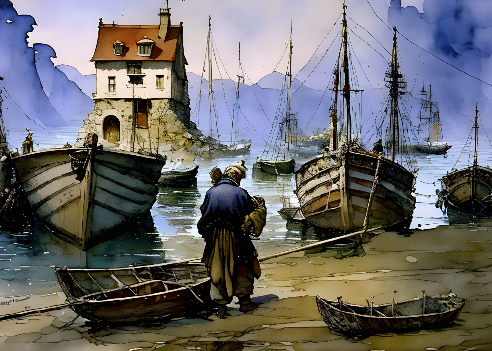 Scenic harbor with boats, figure in period clothing, white tower, misty mountains