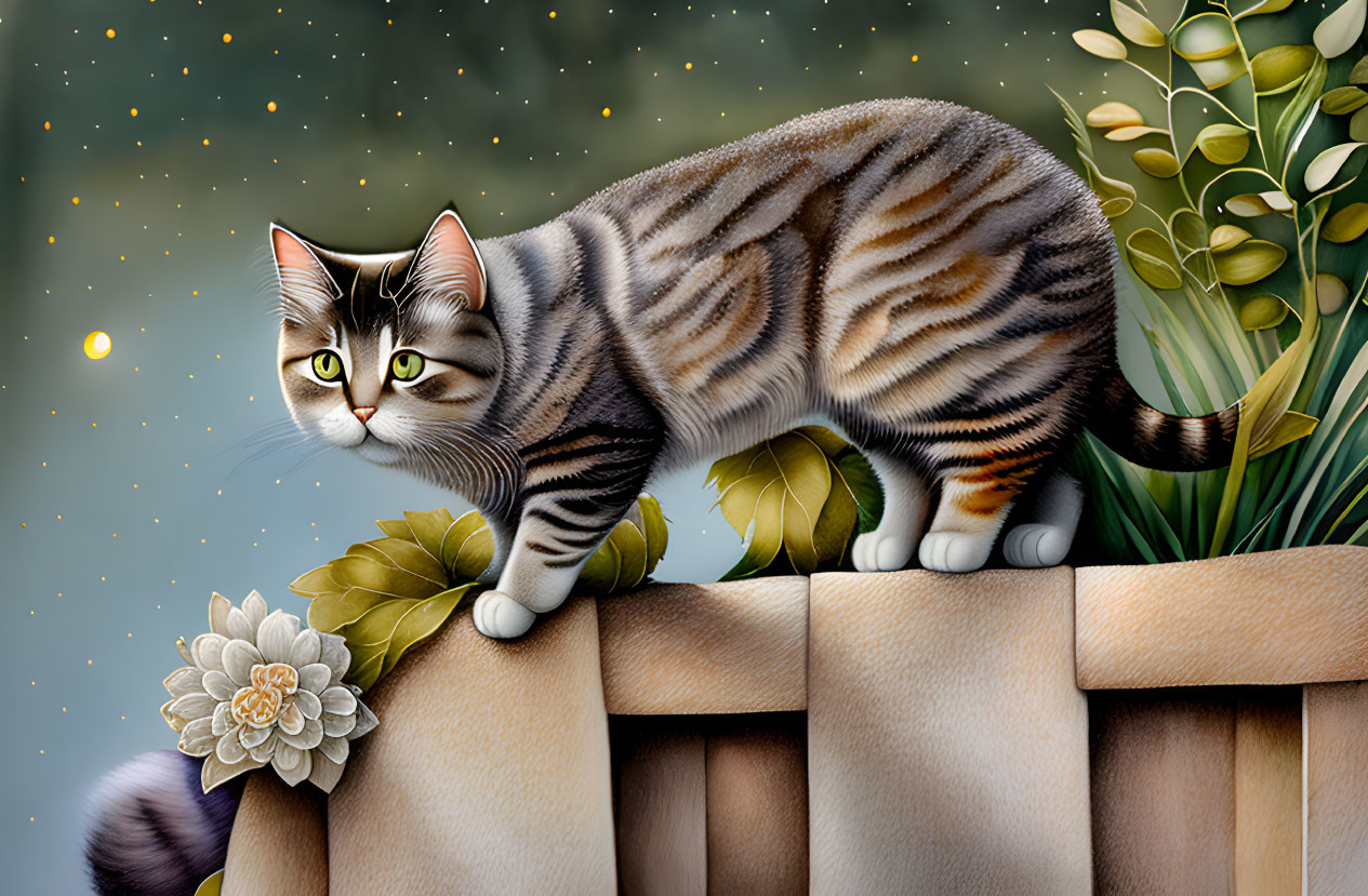 Tabby cat on stone wall with green foliage and flower under starry sky