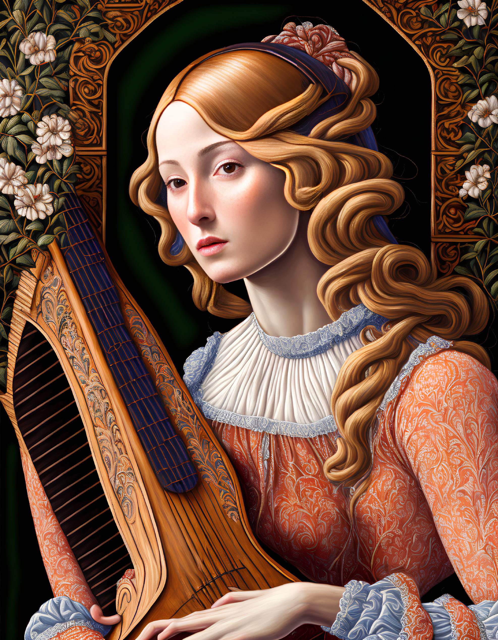 Renaissance painting of woman playing harp in floral dress