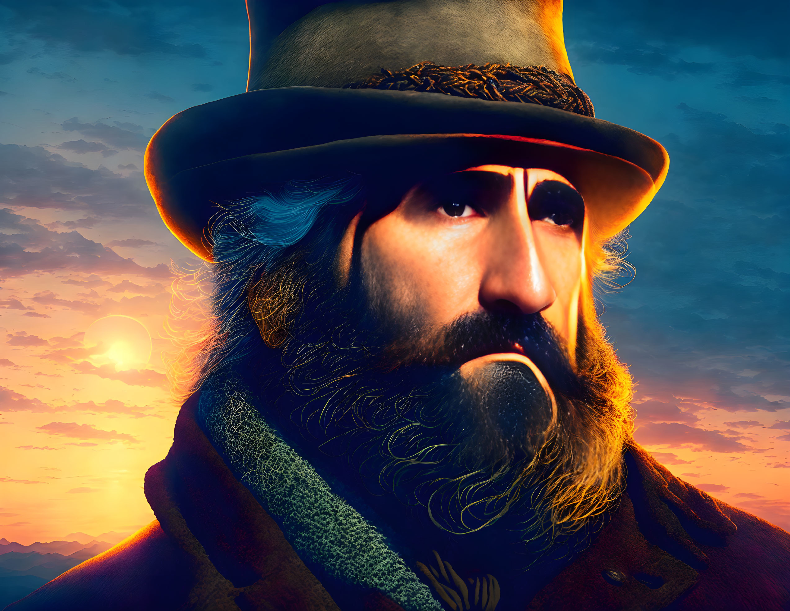 Man with beard and hat against sunset and mountains.