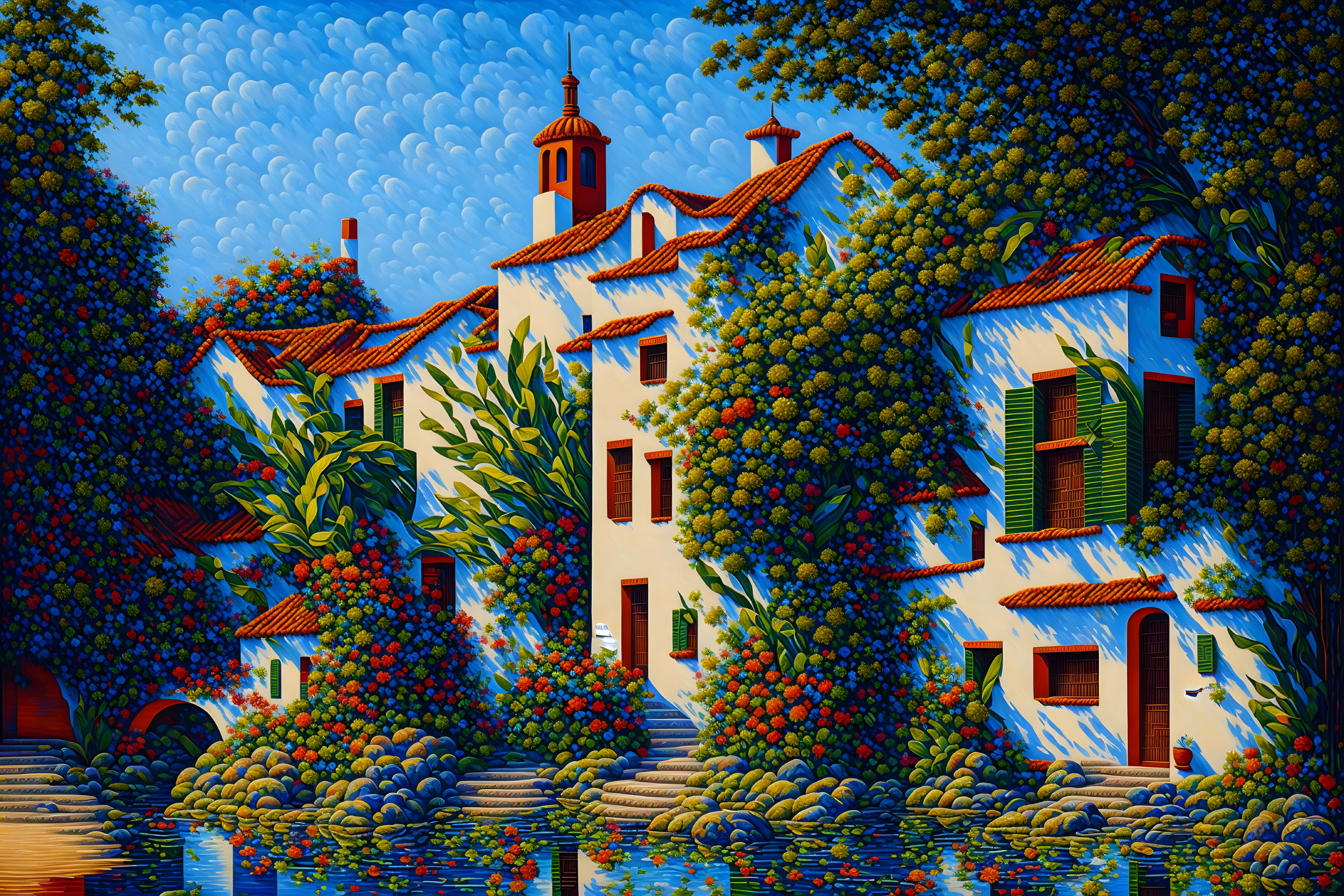 Colorful painting of Mediterranean-style houses, greenery, and blue sky