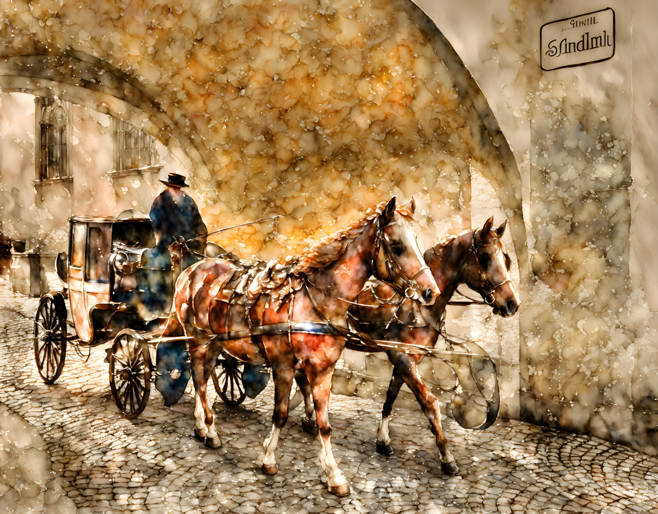 Vintage Painting: Horse-Drawn Carriage Under Archway