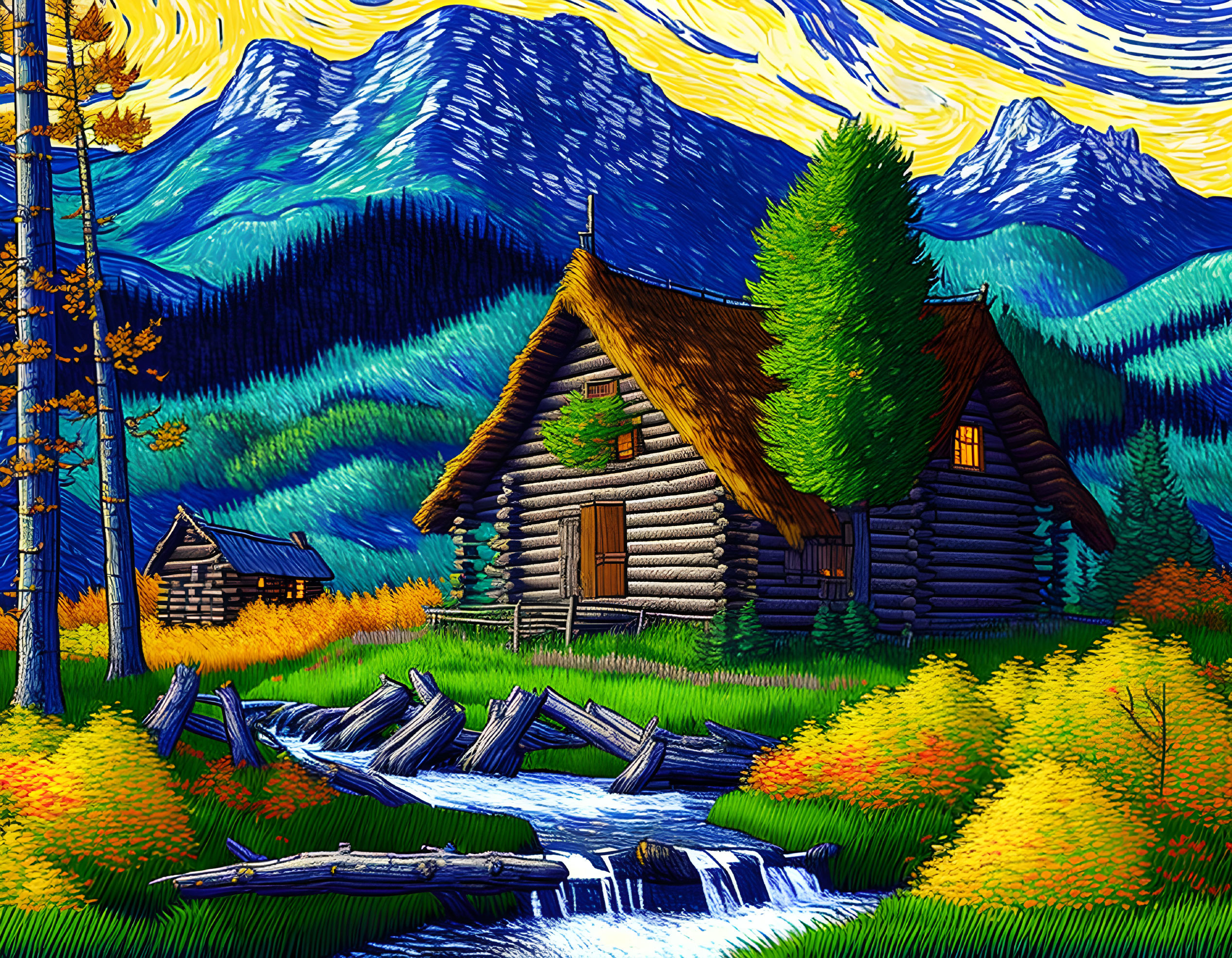 Scenic illustration: rustic log cabin by stream in lush mountain landscape