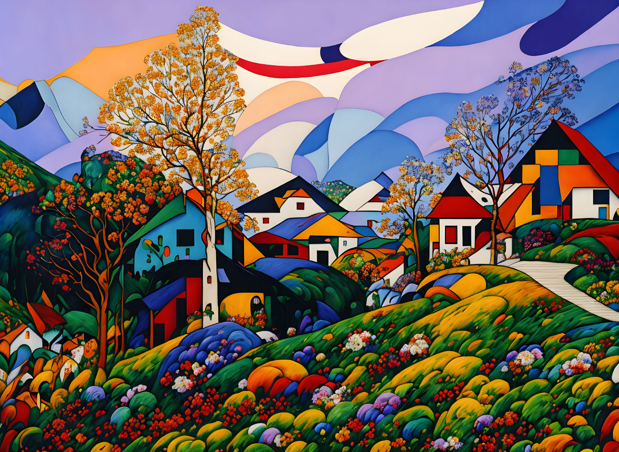 Colorful Stylized Painting of Whimsical Landscape and Houses