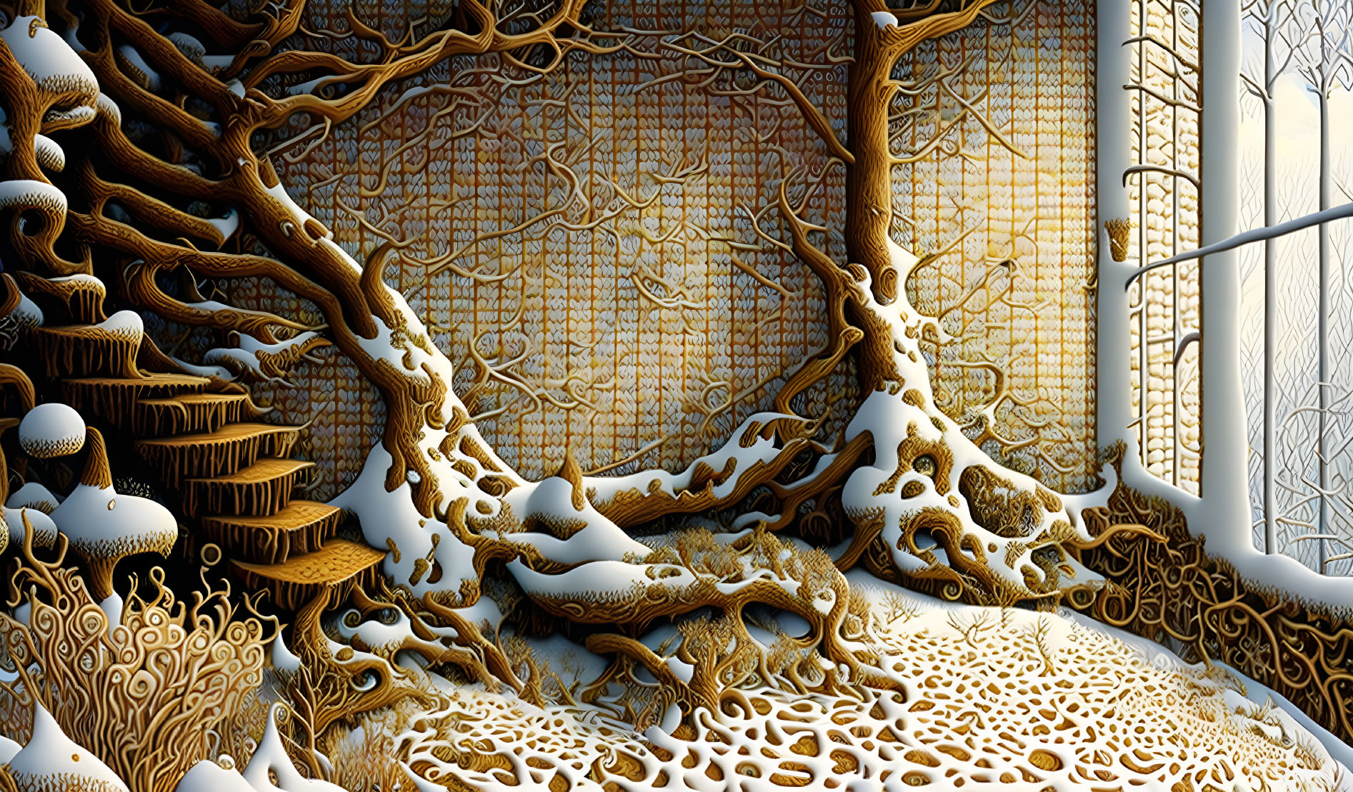 3D fractal art featuring tree-like structures and snow on a patterned backdrop