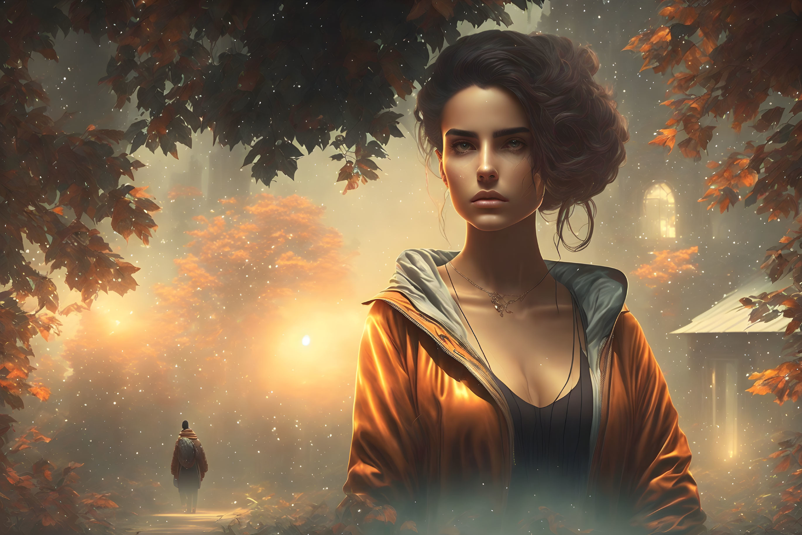 Striking woman with voluminous hair in mystical autumn scene