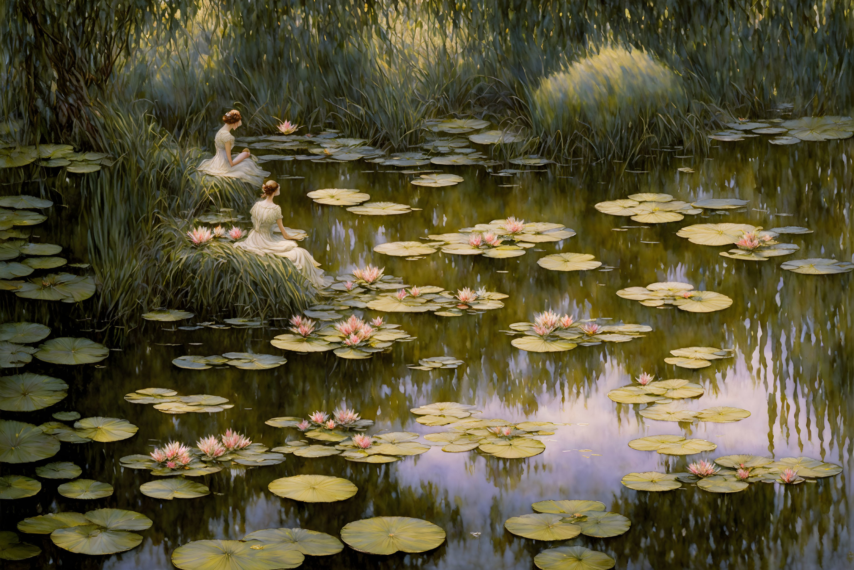 Tranquil pond with lilies and lush greenery scenery