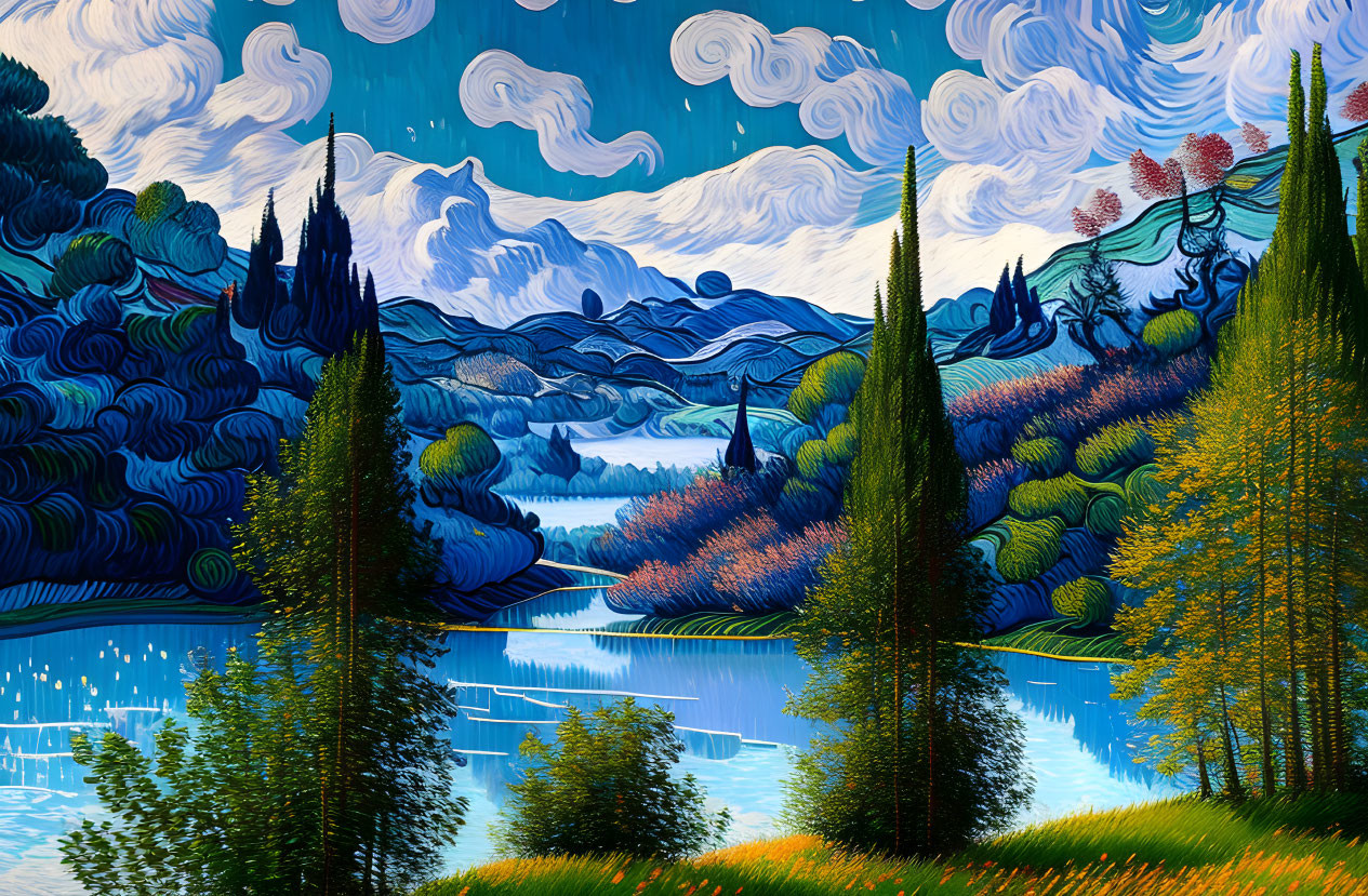 Colorful landscape painting with swirling clouds, rolling hills, lake, and diverse trees.