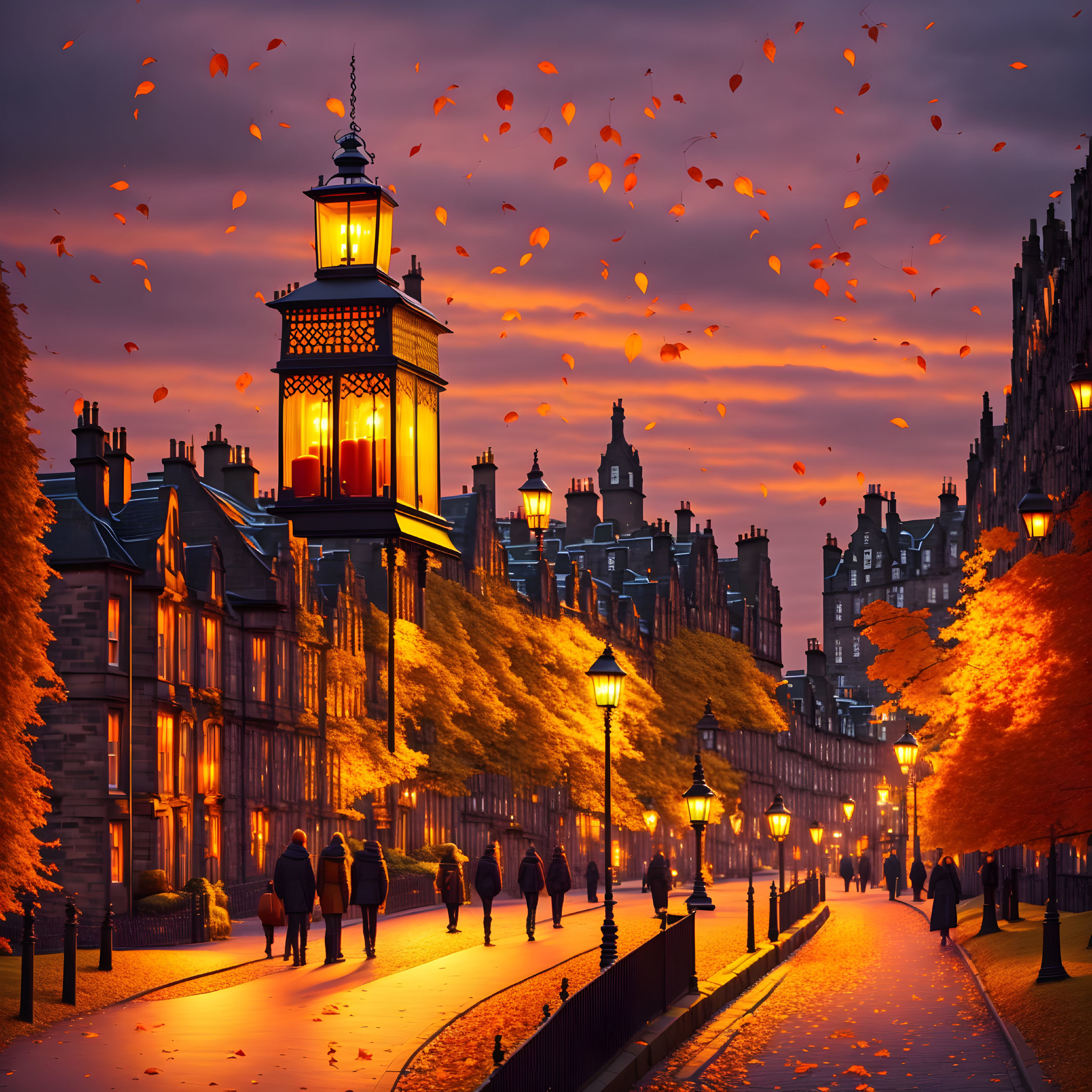 Urban street at twilight with glowing lamps & autumn leaves swirling