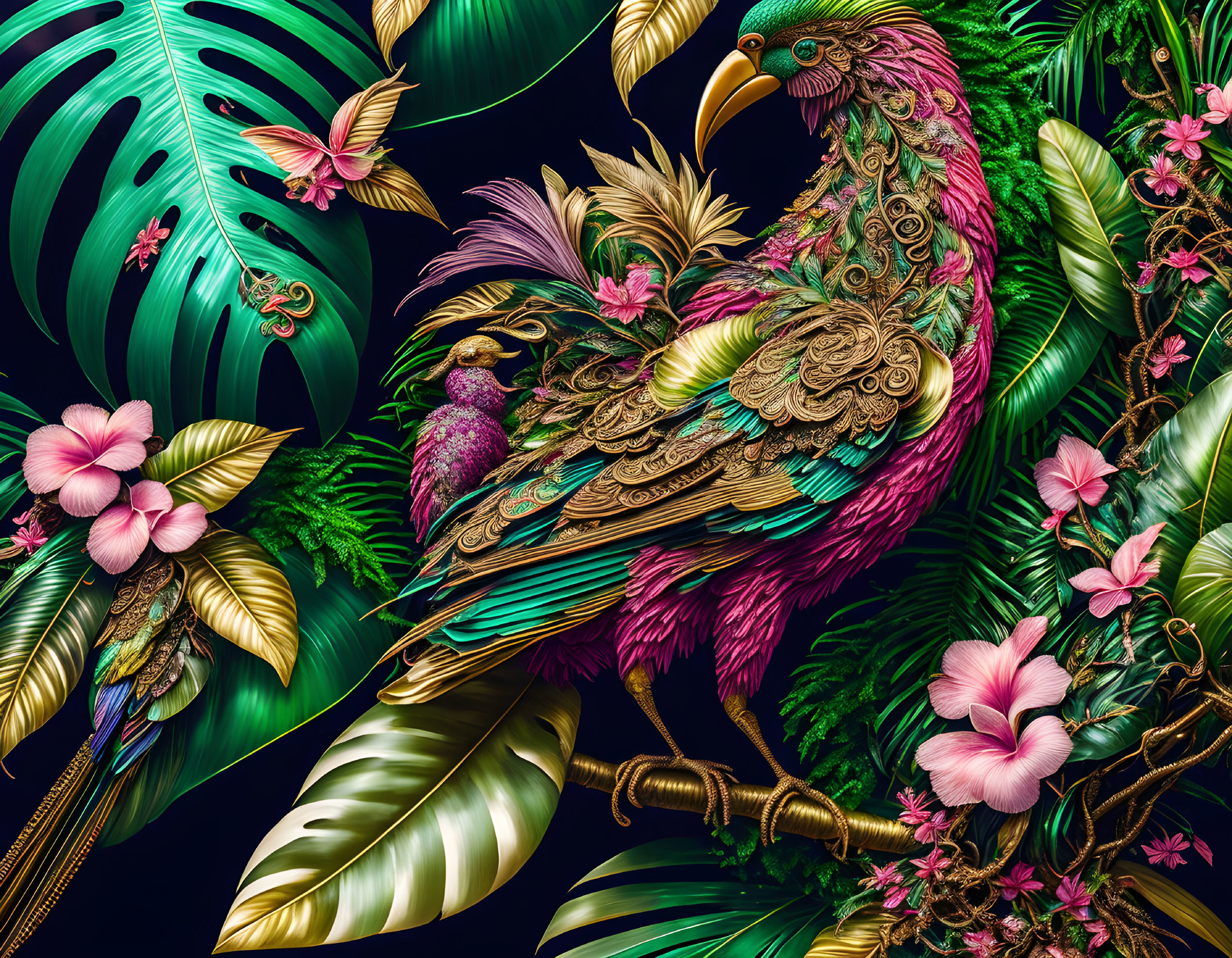 Colorful Stylized Rooster Artwork with Tropical Foliage