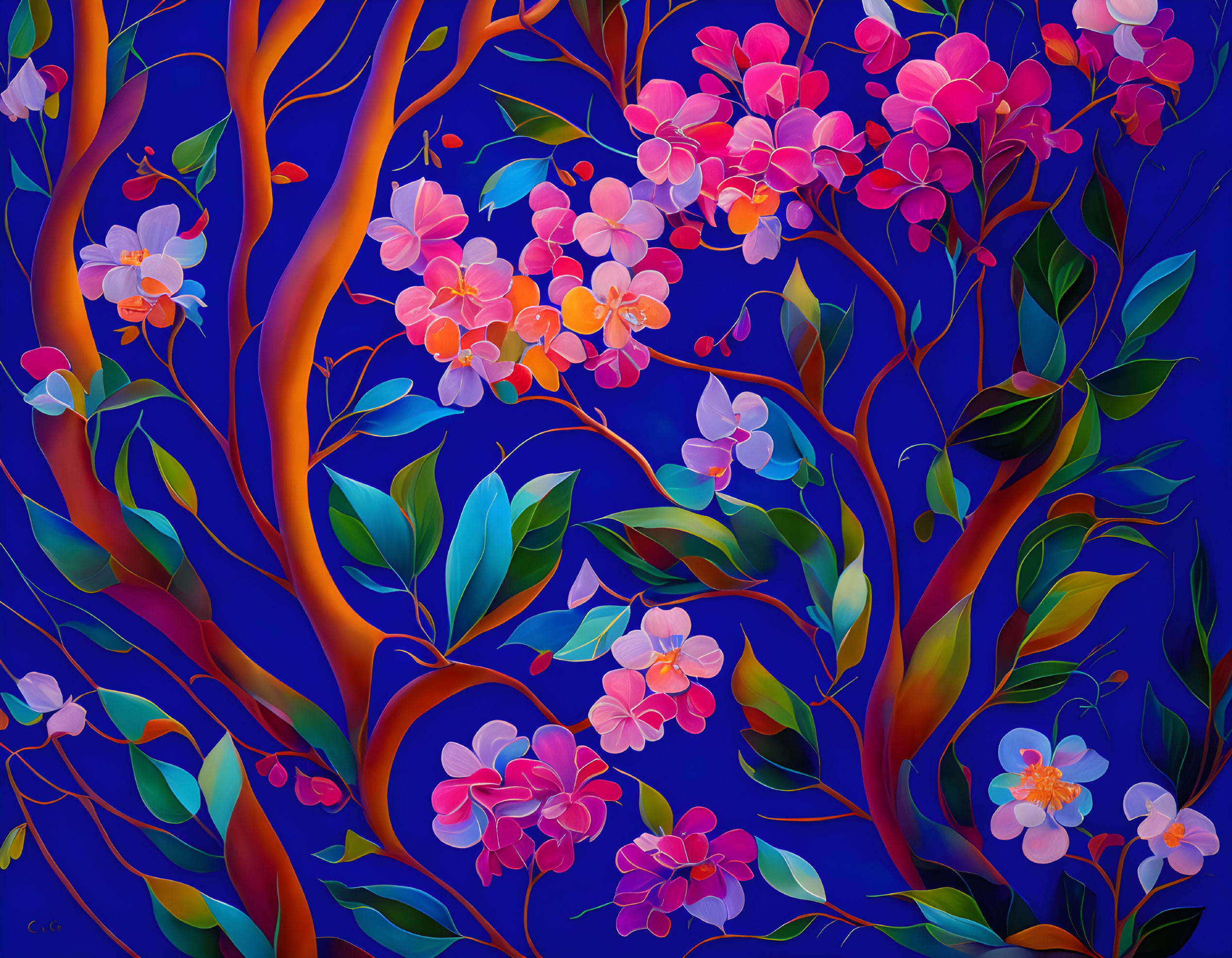 Colorful painting of pink and orange flowers on blue background