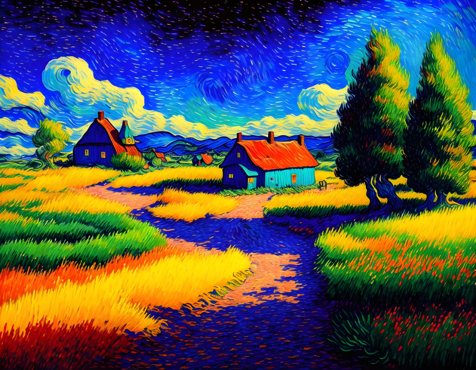 Colorful Expressionist Painting of Rural Landscape