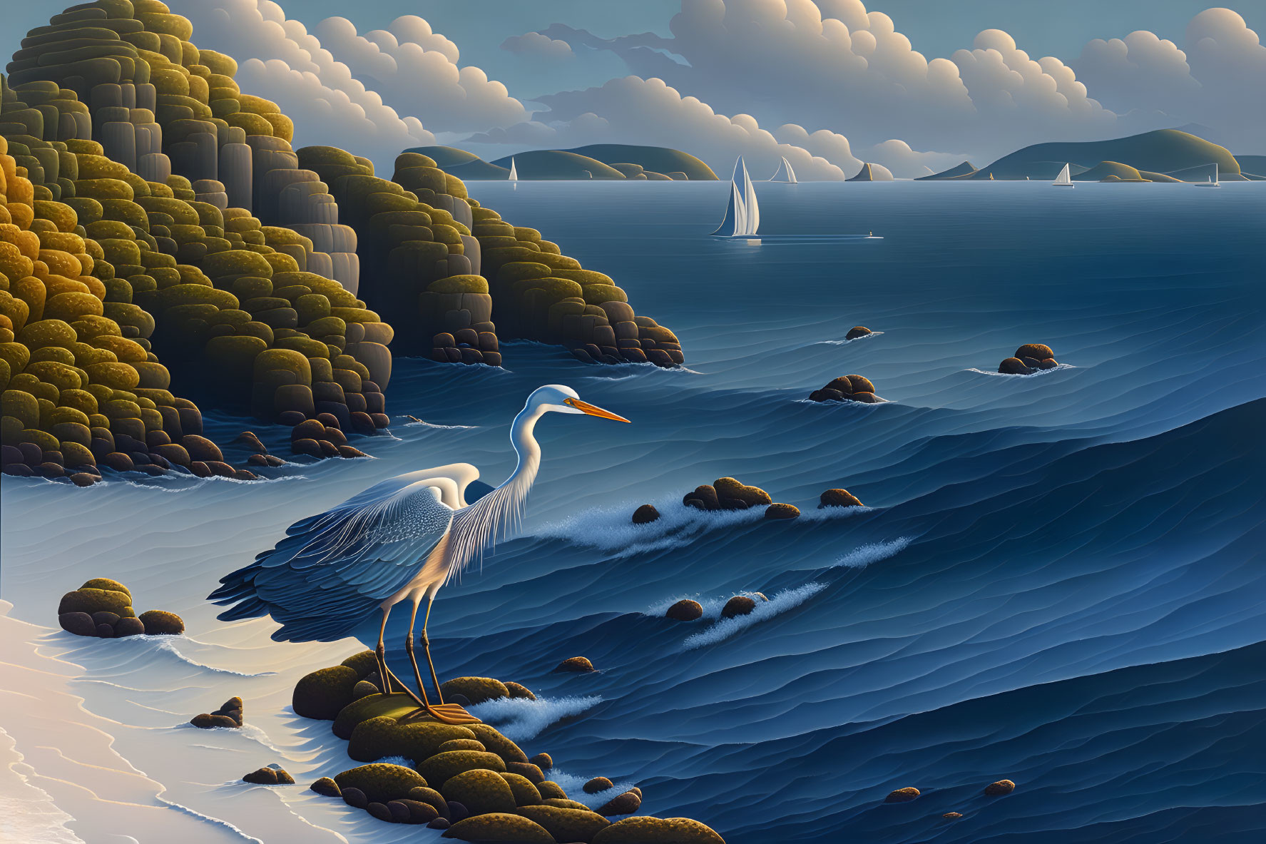 Heron on Mossy Shoreline by Serene Sea with Sailboats